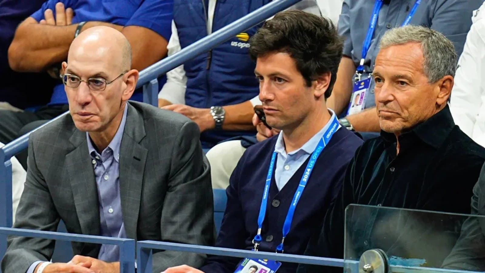 NBA commissioner Adam Silver, Josh Kushner and Bob Iger sit together courtside at the US Open tennis tournament.