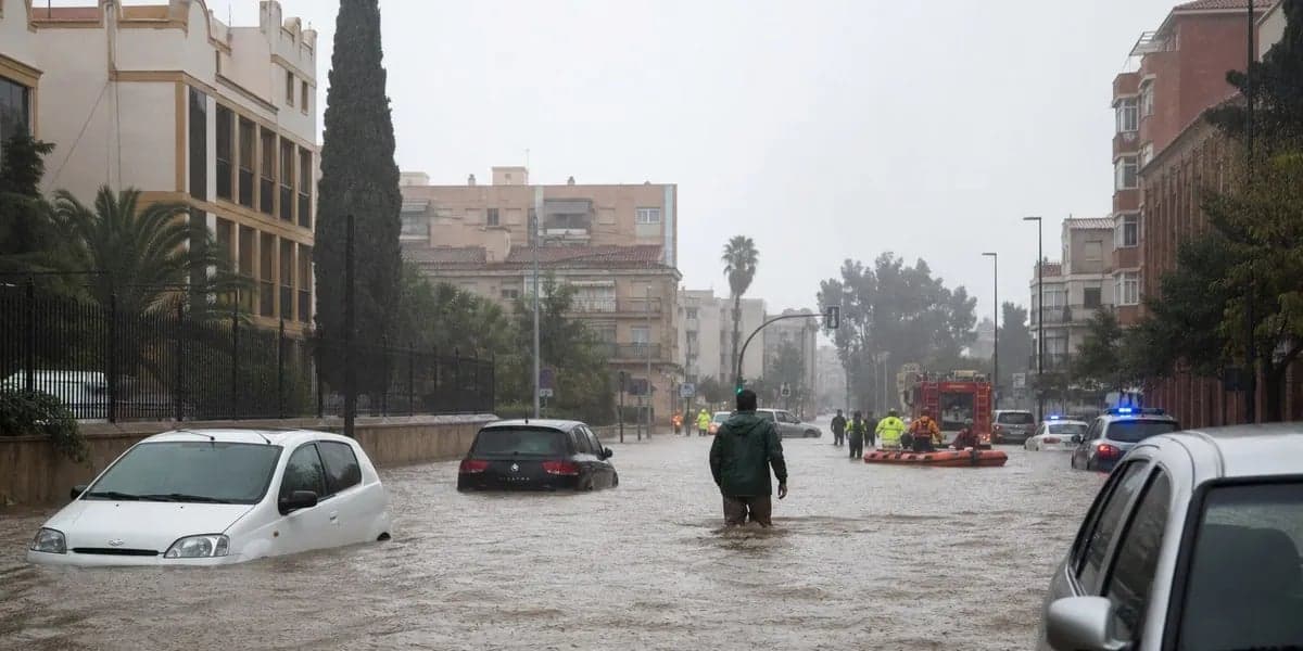 Flooded streets with submerged cars and emergency crews working in the water