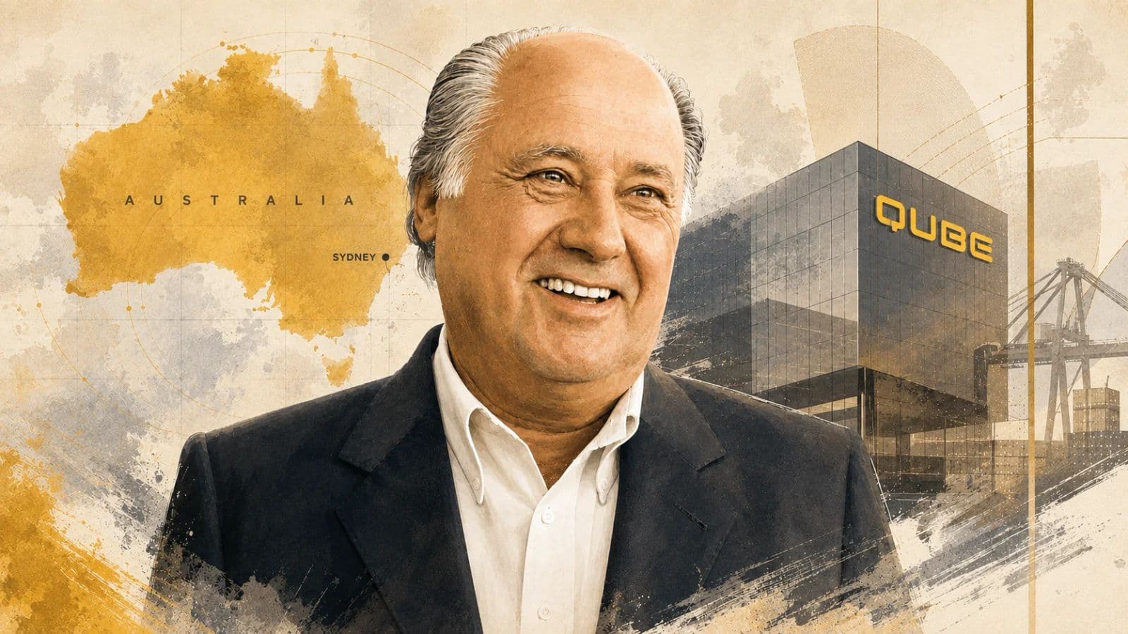 Illustration of Amancio Ortega with a map of Australia and a Qube logistics building