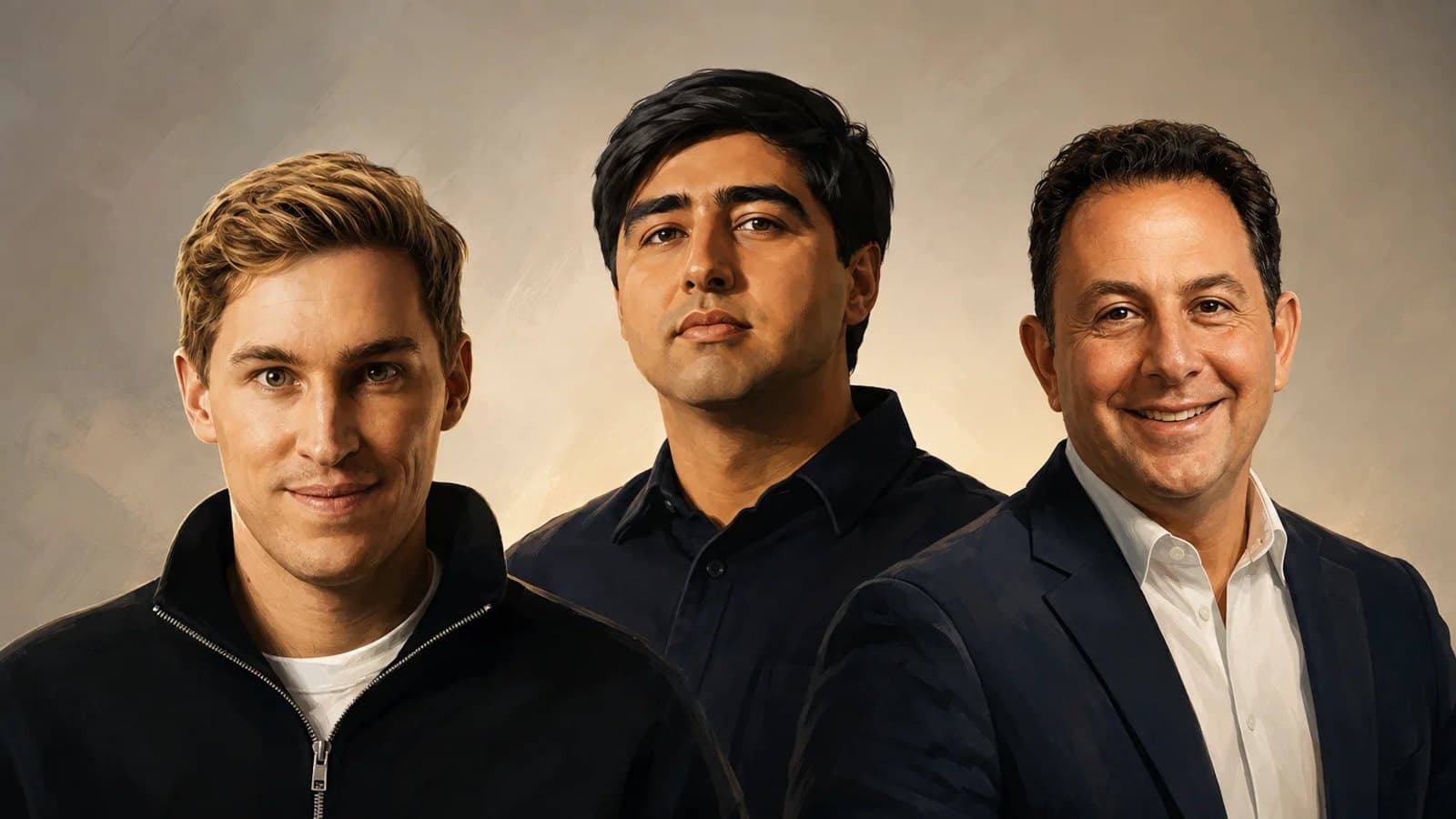 Portrait illustration of three newly wealthy entrepreneurs